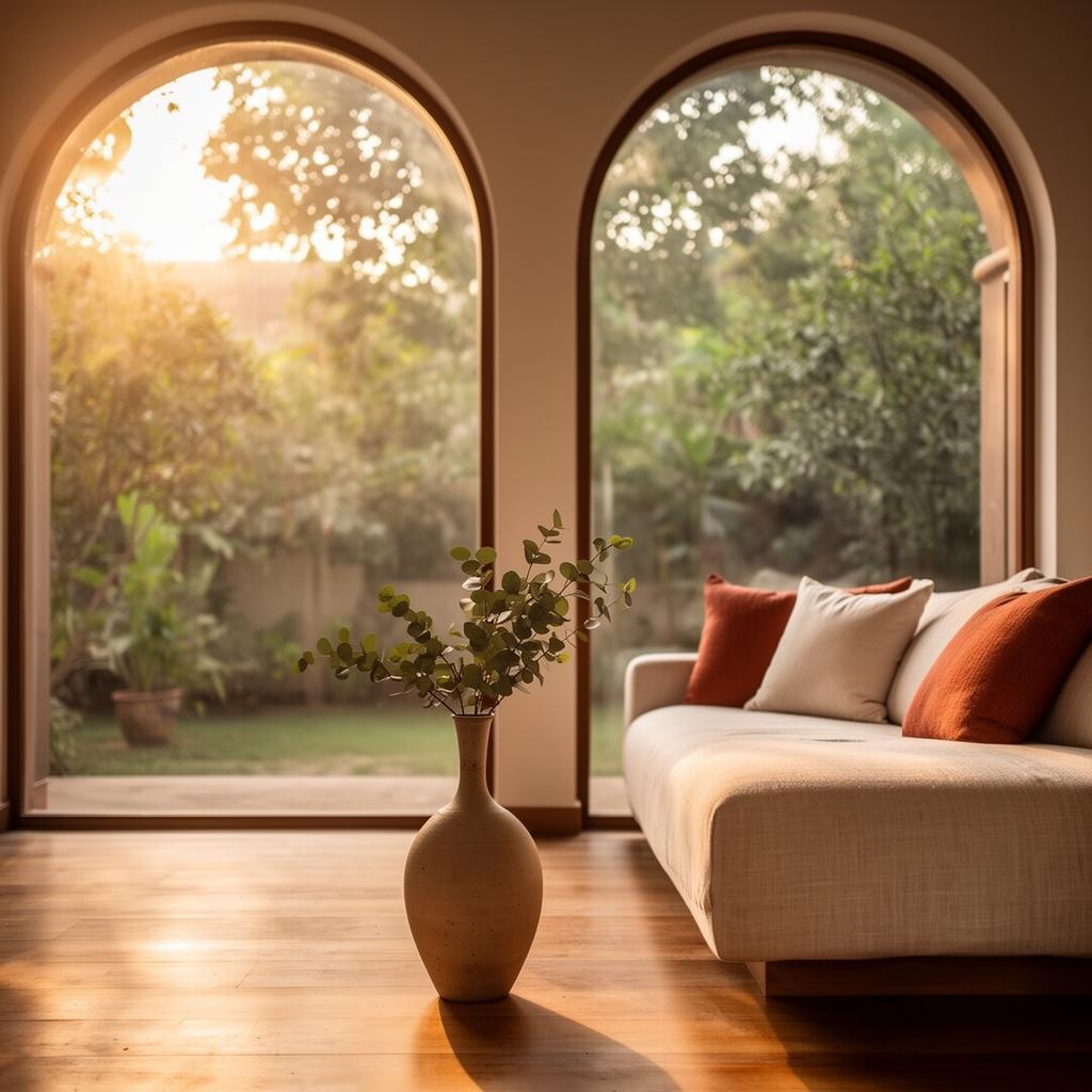 Sun-drenched homestay living room with arched windows