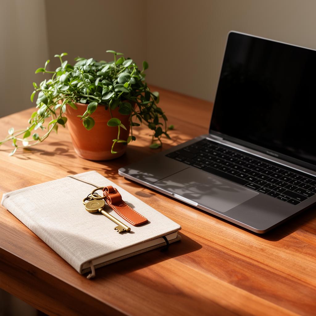 Tidy desk with a notebook and coffee